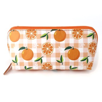 POM : Recycled Leather Travel Case/ Pouch - Orange & Gingham
