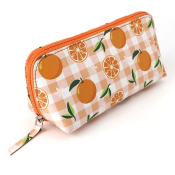 POM : Recycled Leather Travel Case/ Pouch - Orange & Gingham