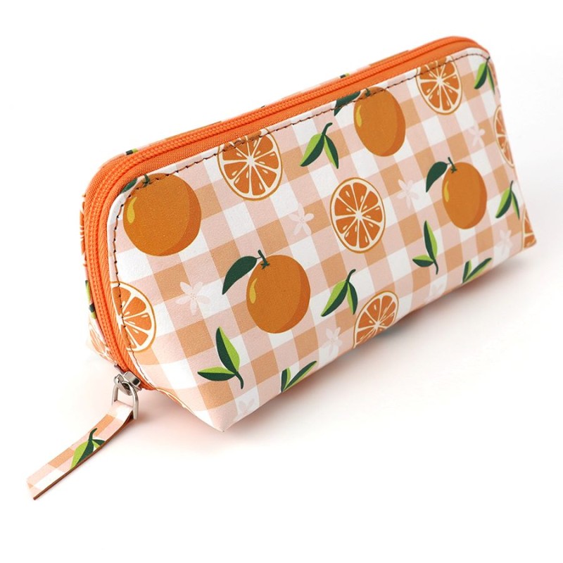 POM : Recycled Leather Travel Case/ Pouch - Orange & Gingham