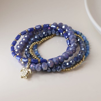 POM: Blue Bead Stack Bracelet with Sea Turtle Charm