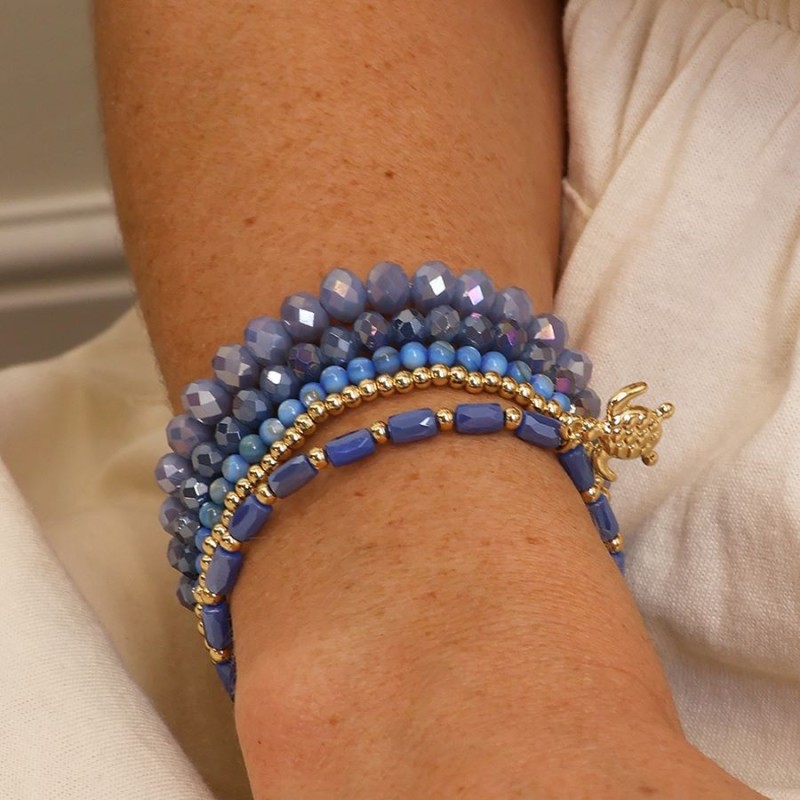 POM: Blue Bead Stack Bracelet with Sea Turtle Charm