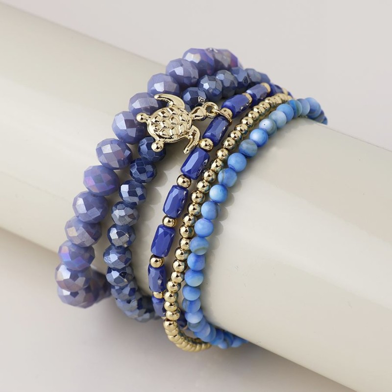 POM: Blue Bead Stack Bracelet with Sea Turtle Charm