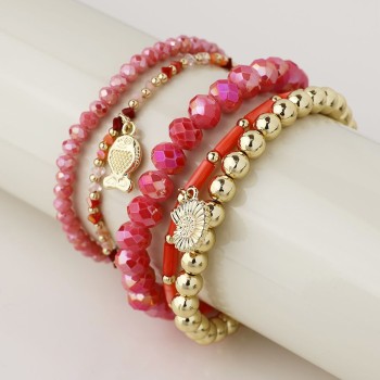 POM: Pink Red Bead Stack Bracelet with Fish & Shell Charm