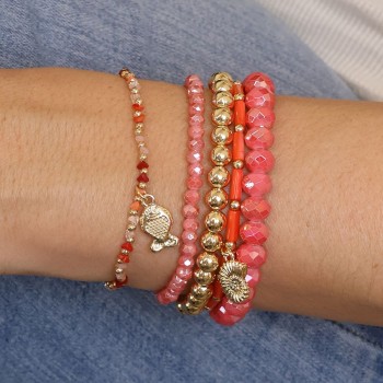 POM: Pink Red Bead Stack Bracelet with Fish & Shell Charm