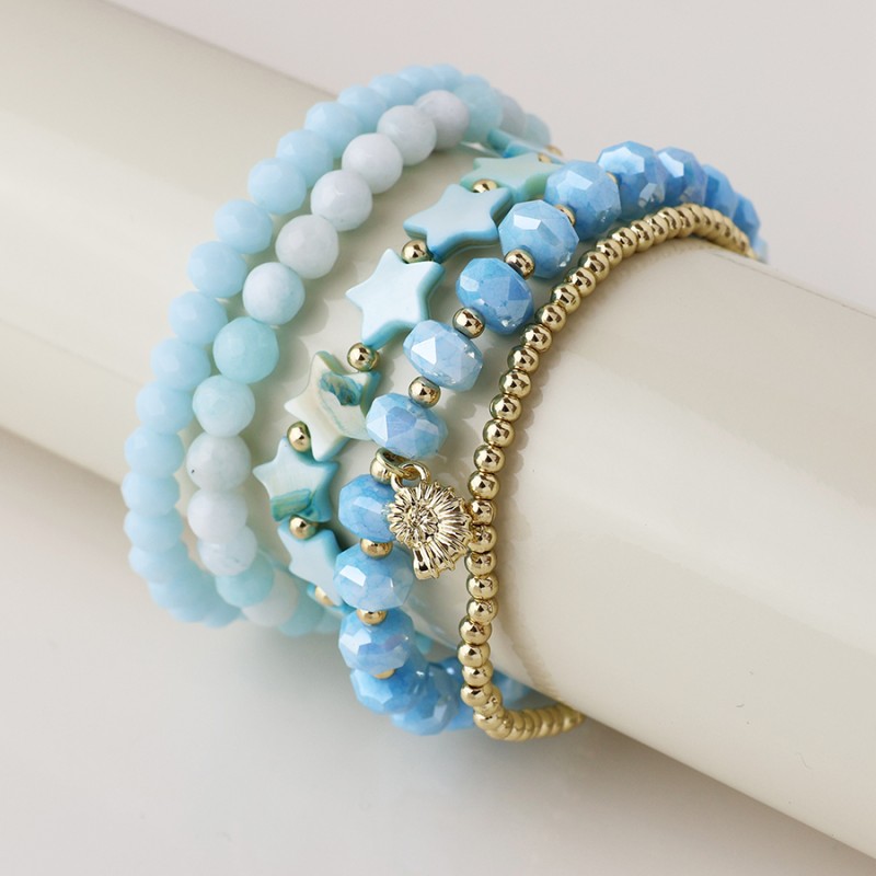 POM: Aqua & Gold Bead Stack Bracelet with Shell & Star Charm