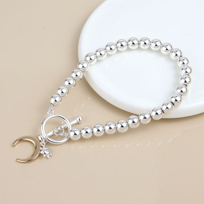 POM: Silver Plated Bead Bracelet with Crescent Moon & T Bar