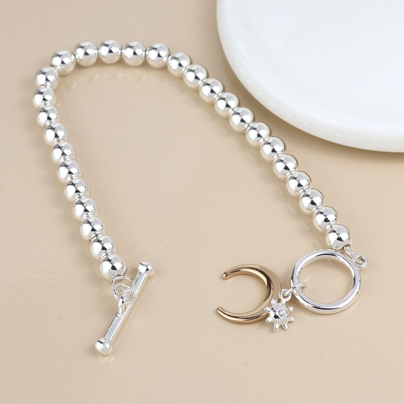 POM: Silver Plated Bead Bracelet with Crescent Moon & T Bar