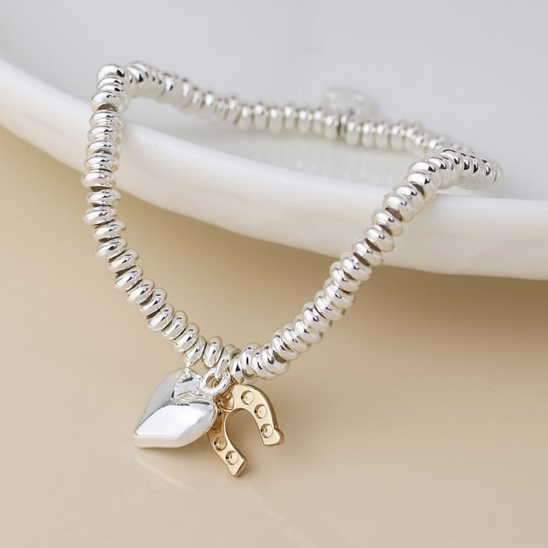 POM: Silver Plated Bead Bracelet with Gold Horseshoe