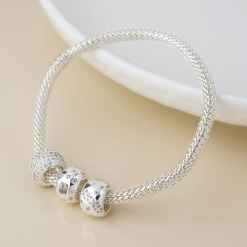 POM: Silver Plated Snake Mesh Stretch Bracelet with Triple Rings