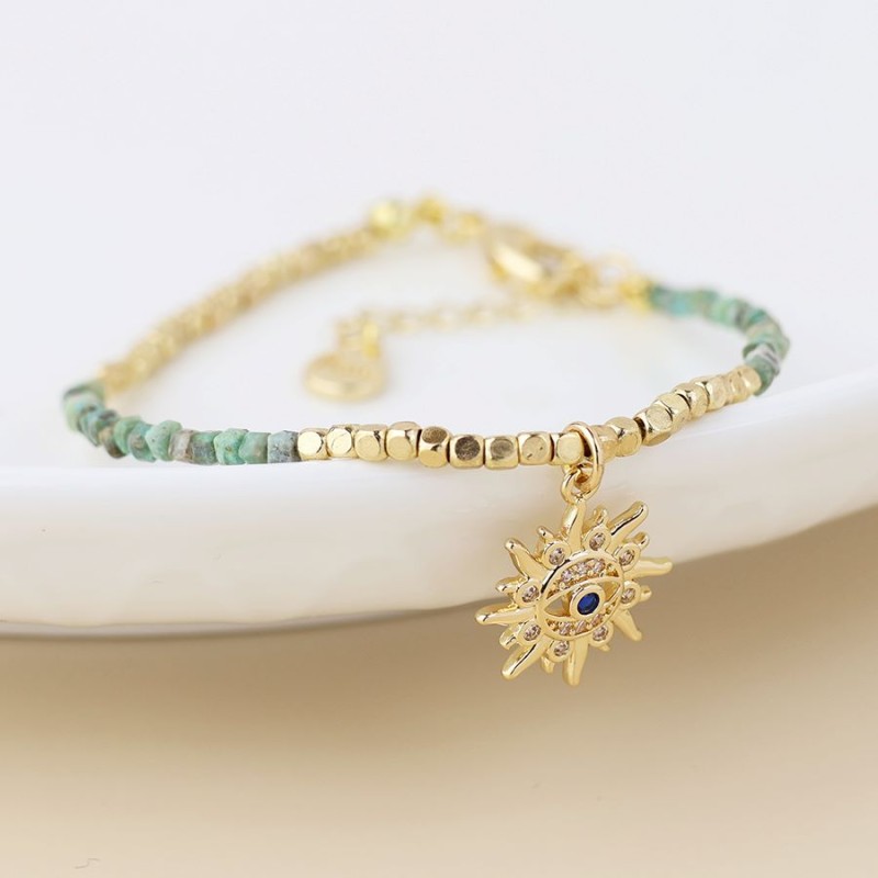 POM: Golden & Turquoise Bead Sun Charm Bracelet