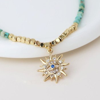 POM: Golden & Turquoise Bead Sun Charm Bracelet