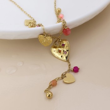 POM: Pink Bead & Heart Charm Necklace