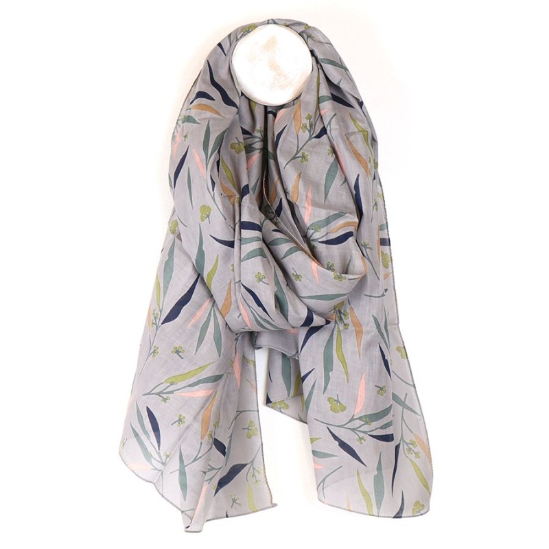 POM : Grey Mix Leaf Print Organic Cotton Scarf