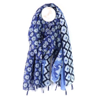 POM : Blue Abstract Floral Organic Cotton Scarf