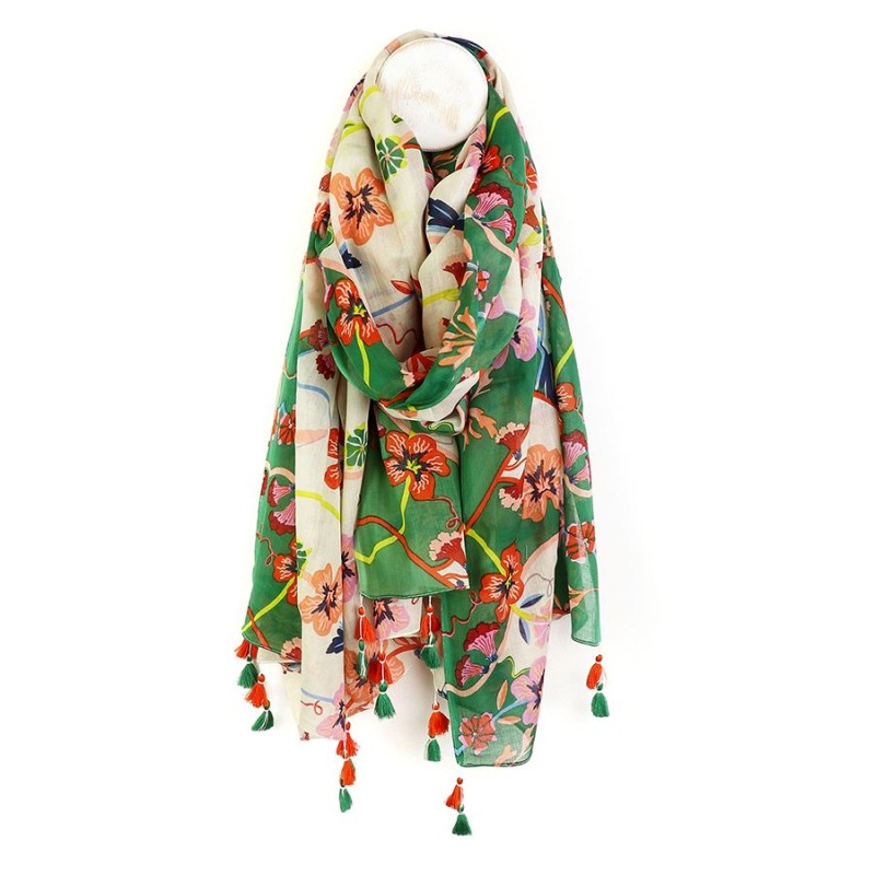 POM : Green / White / Floral Organic Cotton Scarf