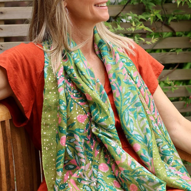 POM : Recycled Lime Green Floral Vines Scarf