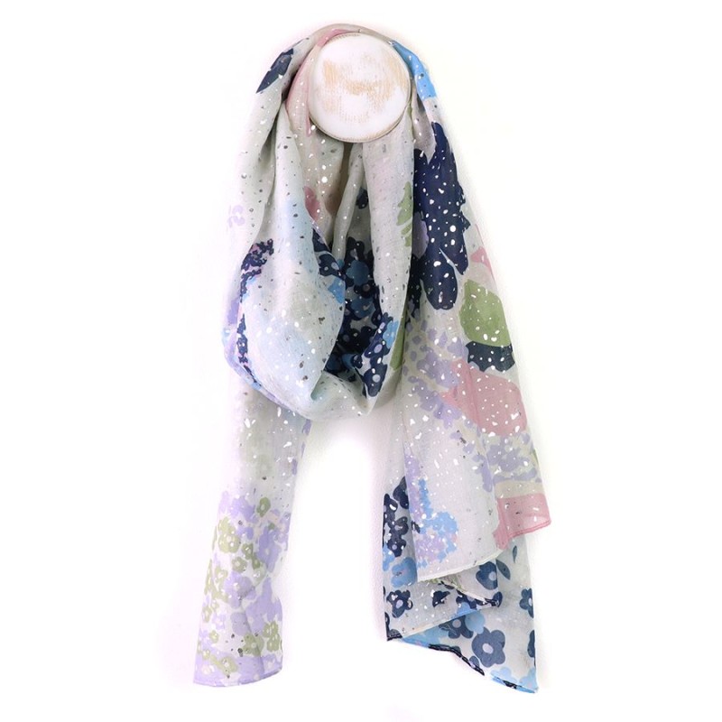 POM : White & Pastel Multi Floral Print Scarf