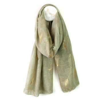 POM : Muted Olive Green Gold Foil Ginko Leaf Scarf