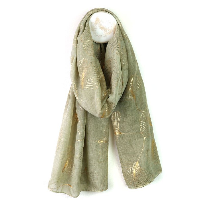 POM : Muted Olive Green Gold Foil Ginko Leaf Scarf