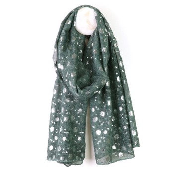 POM : Dusky Green-Grey Silver Foil Floral Print Scarf