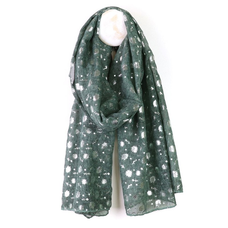 POM : Dusky Green-Grey Silver Foil Floral Print Scarf