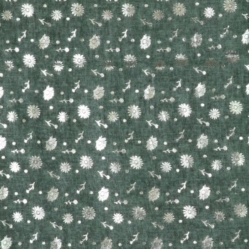 POM : Dusky Green-Grey Silver Foil Floral Print Scarf