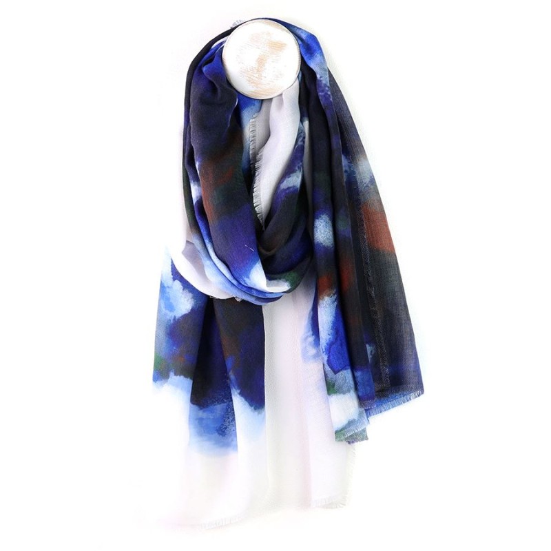 POM : Navy / White Mix Inky Abstract Print Scarf 