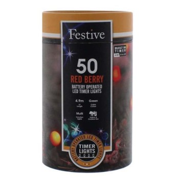 XMAS LIGHTS : 50 BO LED TIMER BERRY -RED