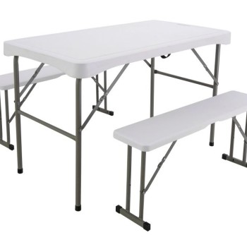 Folding White Table with 2 Folding Benches