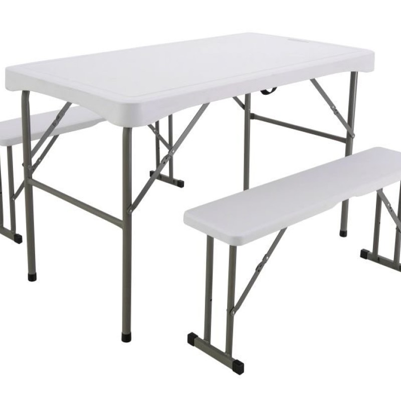 Folding White Table with 2 Folding Benches