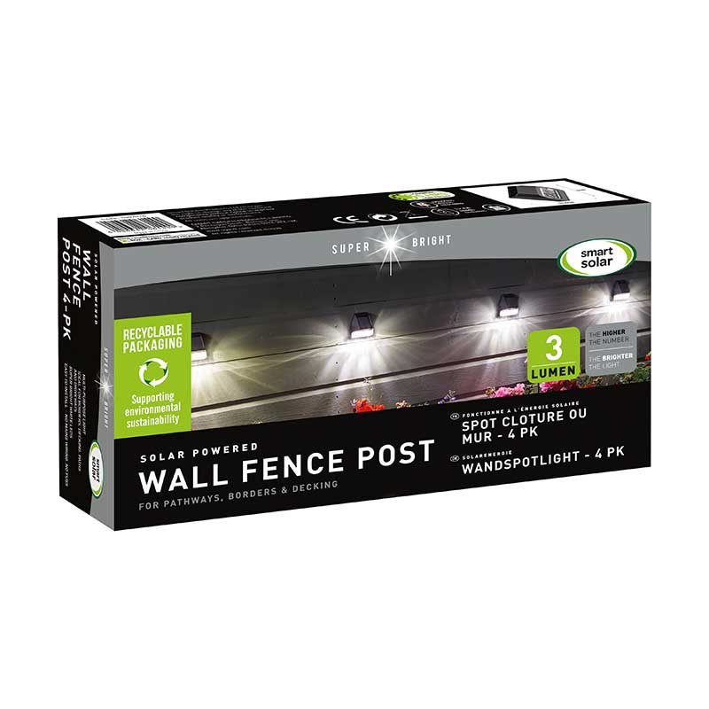 Solar Wall, Fence & Post Light 3L, 4 Pack 