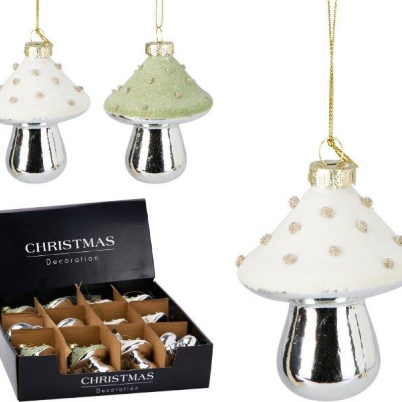 XMAS MUSHROOM HANG DECO GLASS 7X9CM