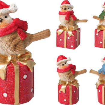 XMAS BIRD ON GIFTBOX 13CM 4ASS D