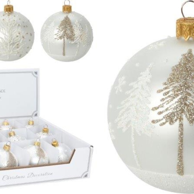 XMAS BALL TREE 80MM WHITE ASSORTED DESIGNS