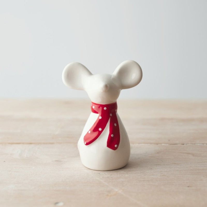 PL : Christmas White Ceramic Mouse with Red Scarf 9cm