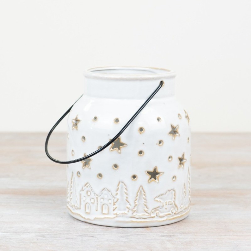 PL: Christmas White Festive Scene Lantern 15cm