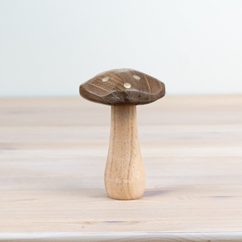 PL : Christmas Wooden Brown Mushroom with Gold Spots 12cm