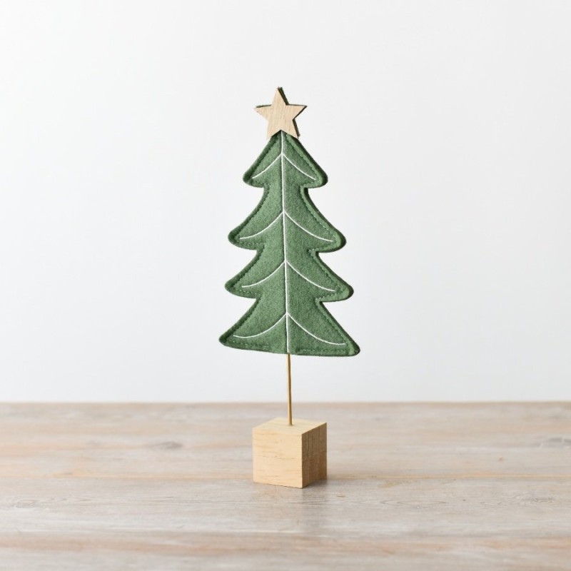 PL : Christmas Green Felt Tree On Wooden Base 29cm