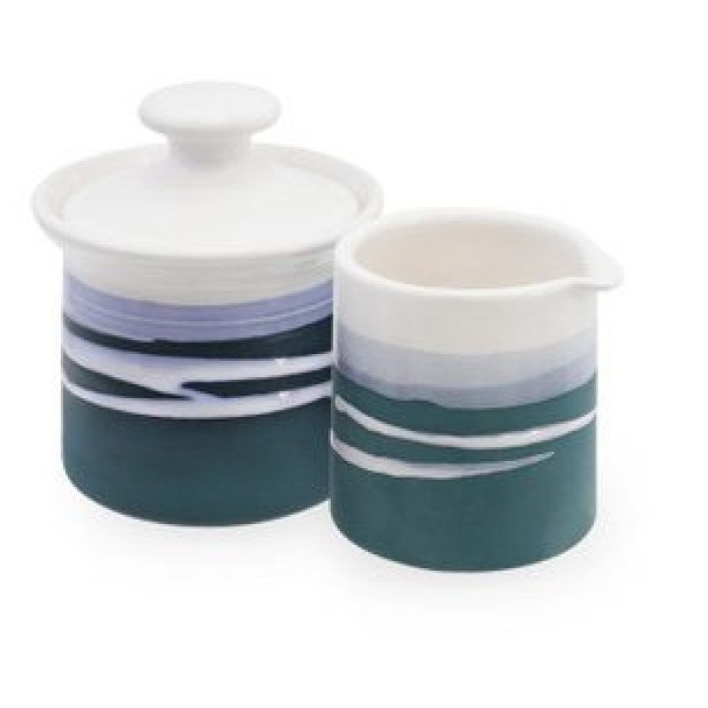 PAUL MALONEY POTTERY TEAL MILKER & SUGAR BOWL