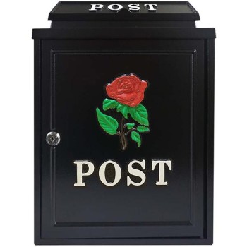 The Manor Collection Black Lockable Postbox With Red Rose Design