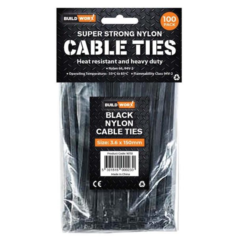BuildWorx Black Nylon Cable Ties 3.6 x 150mm