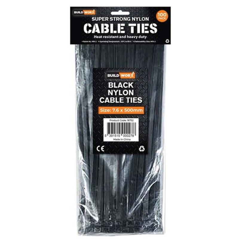 BuildWorx Black Nylon Cable Ties 7.6 x 500mm