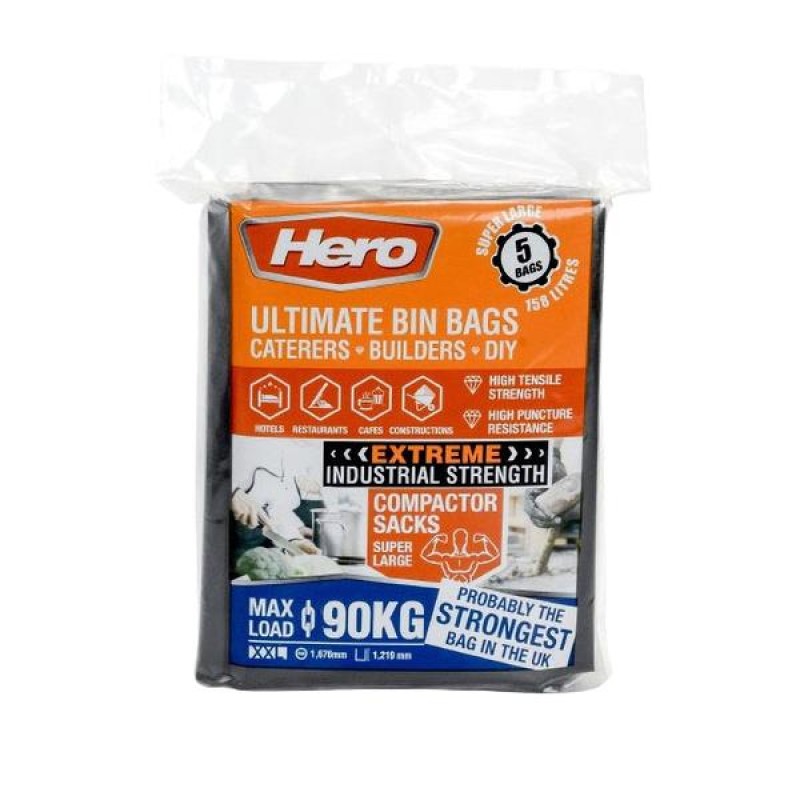 Hero Heavy Duty Super Large Ultimate Black Bin Bags 5 Pack