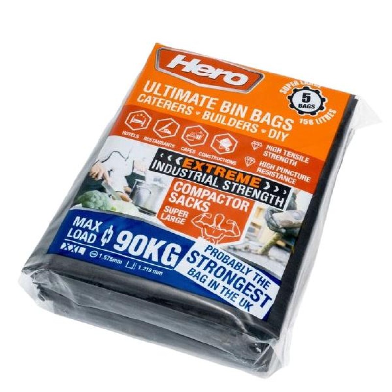 Hero Heavy Duty Super Large Ultimate Black Bin Bags 5 Pack