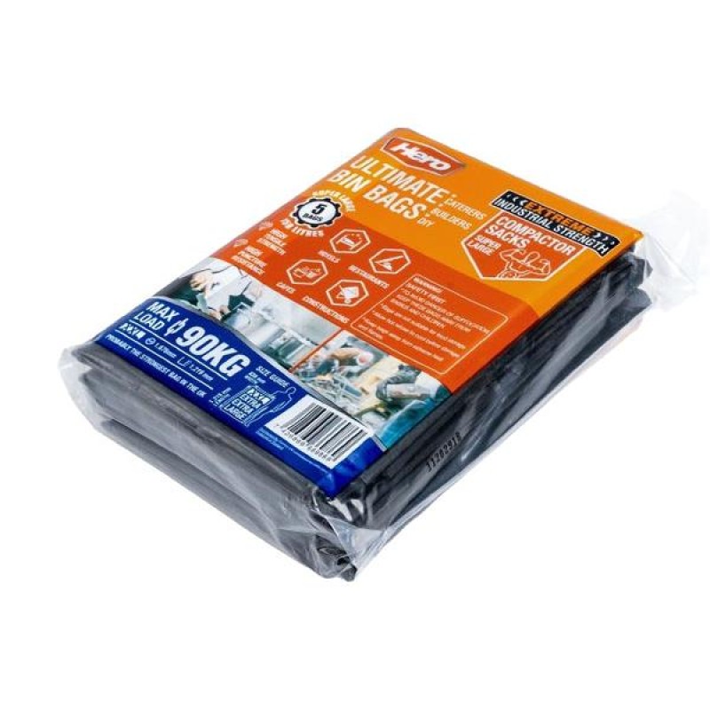 Hero Heavy Duty Super Large Ultimate Black Bin Bags 5 Pack