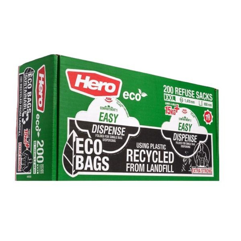 Hero Extra Strong Eco Easy Dispense Black Bin Bags 200 Pack