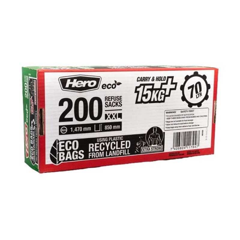 Hero Extra Strong Eco Easy Dispense Black Bin Bags 200 Pack