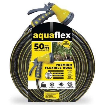 AquaFlex Premium Flexible Garden Hose With 7 Function Spray Gun 50M