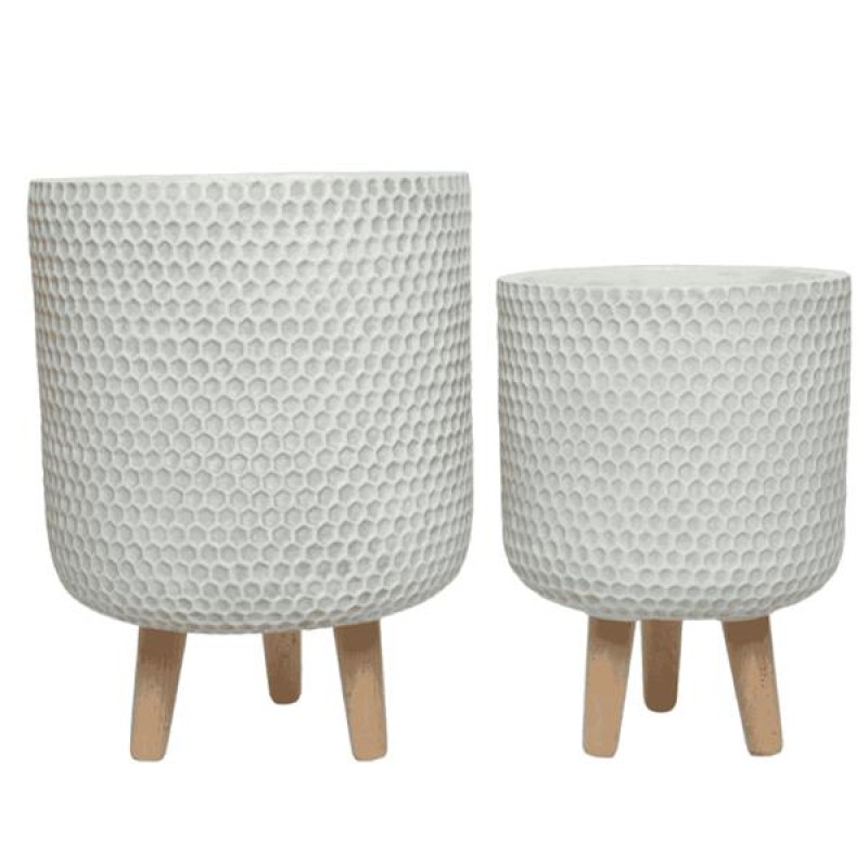 Zoe Handmade Fibre Clay Outdoor Planter Set With Beech Wooden Legs