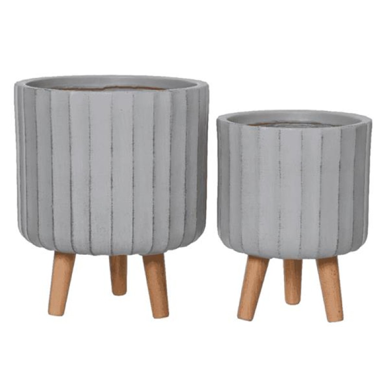 Kae Handmade Grey Fibre Clay Planter Set With Beech Wooden Legs